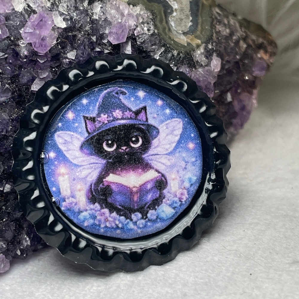 Black Fairy Cat Bottlecap Pin Or Magnet with Purple Magic
